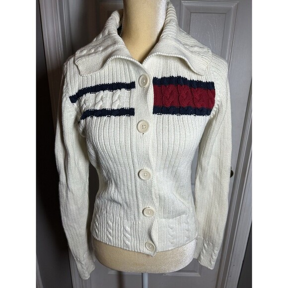 TOMMY HILFIGER Vintage 90s Red White Blue Button Up Sweater Cardigan Women’s M